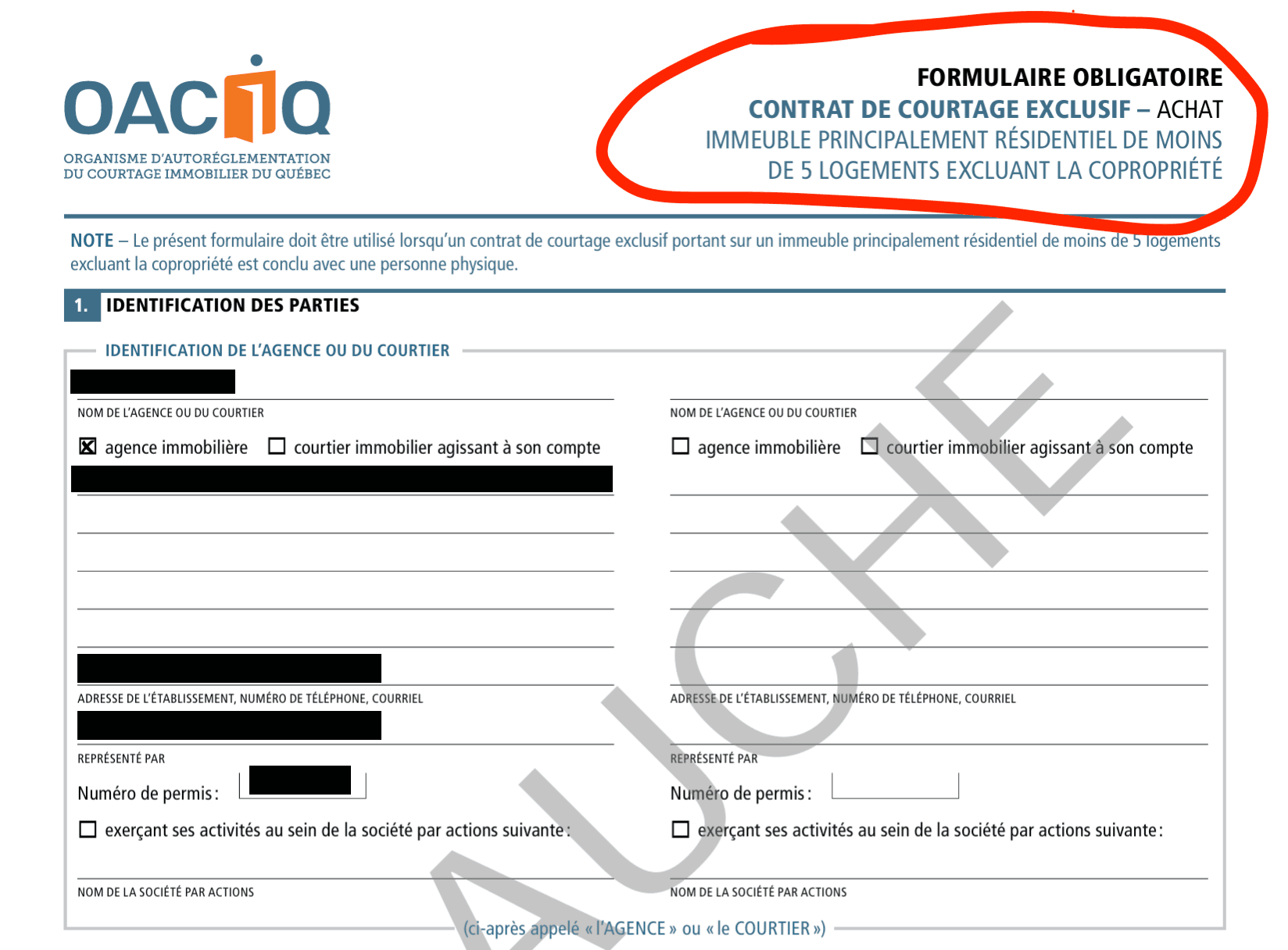 Formulaire OACIQ - Contrat de courtage exclusif